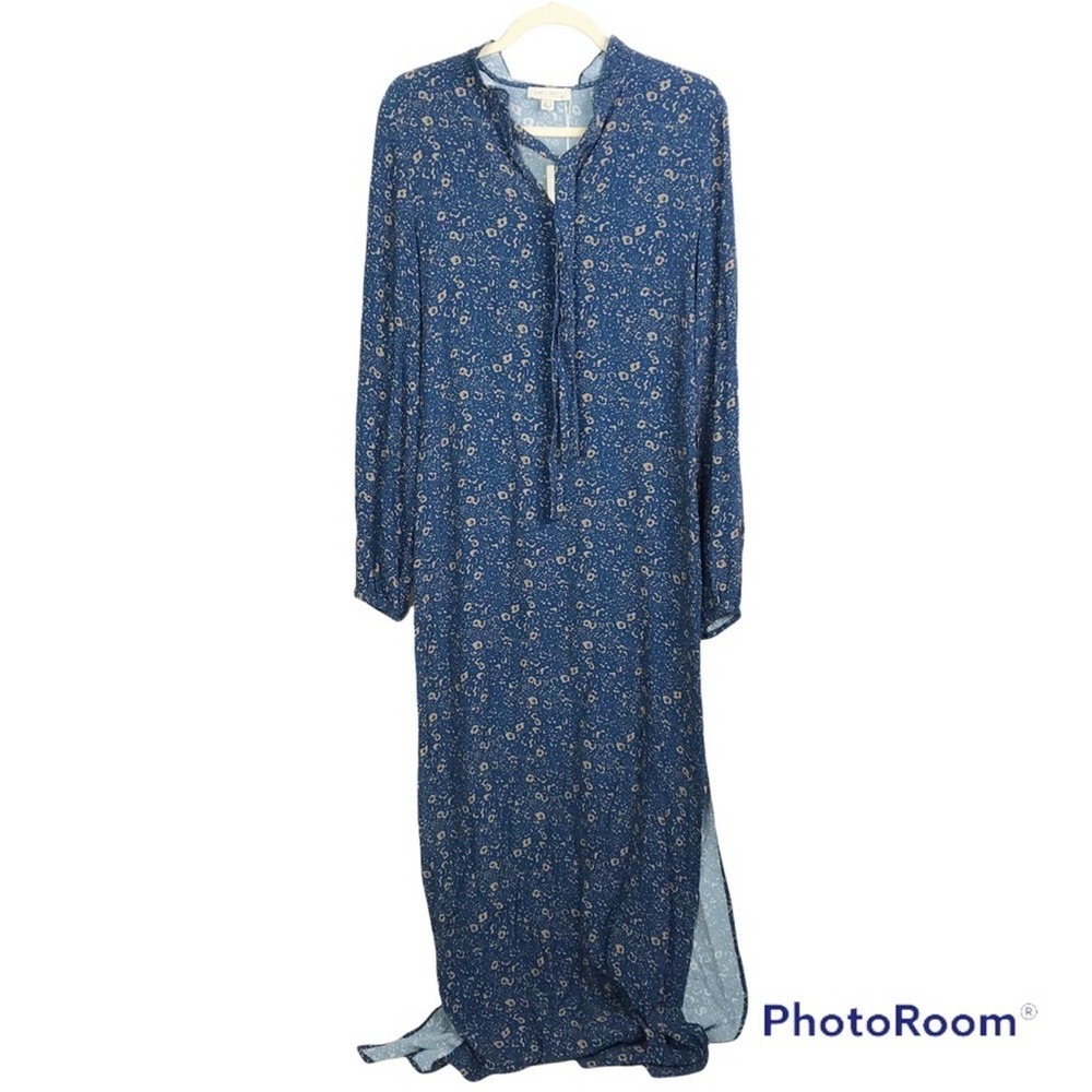 See U Soon blue printed long sleeve maxi dress with side slits size S nwt